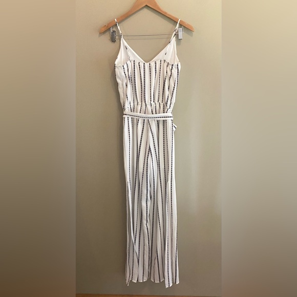 One Clothing: White Jumpsuit Romper with Black and Maroon Pattern Stripes - Picture 16 of 17